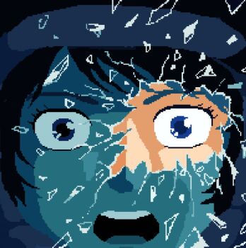 1980s_(style) 1boy bad_end black_hair blue_eyes broken_glass commentary_request crazy crazy_eyes debris glass gundam helmet kamille_bidan kitazume_hiroyuki_(style) mecha_pilot_suit oldschool open_mouth pixel_art retro_artstyle sanpaku scene_reference science_fiction space_helmet thousand_yard_stare user_ynzk7837 zeta_gundam