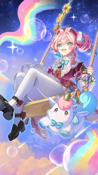 1girl aqua_eyes aqua_hair black_shoes bubble cloud commentary_request dress gari_mayo2288 hat highres honkai:_star_rail honkai_(series) hyacine_(honkai:_star_rail) little_ica_(honkai:_star_rail) medium_hair open_mouth pantyhose rainbow red_dress red_hat shoes sky smile star_(sky) starry_sky swing_set twintails white_pantyhose