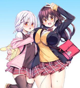 2girls :d :o bag bag_charm black_bra black_thighhighs blue_background blush bra breasts brown_hair brown_sweater_vest cardigan charm_(object) collared_shirt comic_cune crossed_bangs gradient_background hair_ornament hand_on_another&#039;s_chest jacket kurou_(quadruple_zero) large_breasts long_hair long_sleeves looking_at_viewer multiple_girls ninose_shizuku open_mouth pink_jacket school_bag school_uniform shirakawa_kokona shirt short_hair simple_background smile standing sweater_vest thighhighs underwear v watashi_no_tame_ni_nuginasai! white_hair white_shirt x_hair_ornament yellow_cardigan