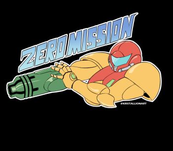 Rule 34 | 1girl, arm cannon, armor, artist name, assault visor, black background, blue visor, commentary request, copyright name, full armor, highres, kristallion, metroid, metroid: zero mission, nintendo, normal suit (metroid), outline, power armor, power suit (metroid), samus aran, science fiction, simple background, solo, twitter username, weapon, white outline