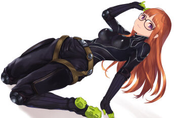 1girl arm_support arm_up belt black-framed_eyewear black_bodysuit black_gloves blunt_bangs bodysuit breasts cait_aron dutch_angle elbow_gloves glasses gloves hair_spread_out impossible_bodysuit impossible_clothes knee_pads kneeling leaning_back long_hair looking_at_viewer medium_breasts oracle_(persona_5) orange_hair parted_lips persona persona_5 purple_eyes sakura_futaba simple_background skin_tight smile solo white_background