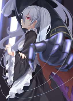 1girl absurdres apron breasts female_focus from_side highres holding holding_string kichi_(kichifav) large_breasts lloyd_(granblue_fantasy) long_hair long_sleeves looking_at_viewer maid orchis puppet puppet_strings red_eyes shadowverse solo string torn_clothes twintails white_apron white_hair wide_sleeves