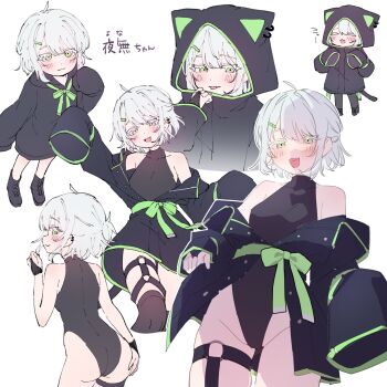 Rule 34 | 1girl, :d, animal ears, animal hood, bare shoulders, black jacket, black leotard, blush, breasts, cat hood, closed mouth, commentary request, fake animal ears, green eyes, hair ornament, highres, hood, hood up, hooded jacket, jacket, jacket partially removed, leotard, long sleeves, looking at viewer, medium breasts, multiple views, namin (namin star), open mouth, original, parted bangs, short hair, simple background, sleeves past fingers, sleeves past wrists, smile, translation request, white background, white hair