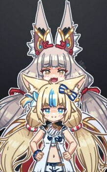 >:) 2girls :d alten animal_ear_fluff animal_ears black_background blonde_hair blue_eyes blue_hair blush bow brown_eyes cat_ears closed_mouth commentary dress english_commentary fangs frills grey_hair hair_bow hands_on_own_hips highres indie_virtual_youtuber lifebuoy_hair_ornament long_hair low_twintails multicolored_hair multiple_girls navel nia_(xenoblade) open_door open_mouth outline sameko_saba shorts signature smile streaked_hair striped_bow twintails v-shaped_eyebrows very_long_hair virtual_youtuber white_dress white_outline white_shorts xenoblade_chronicles_(series) xenoblade_chronicles_2