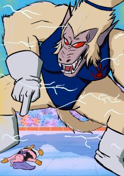 1boy 1girl absurdres blue_leotard boots bra_(dragon_ball) dragon_ball dragon_ball_eschaton eschallotte fat_buu gloves golden_oozaru highres leotard majin_buu monkey monkey_tail mr-takoyama non-web_source oozaru pointy_ears red_eyes saiyan scene_reference sharp_teeth super_saiyan super_saiyan_2 tail teeth tenkaichi_budokai white_gloves world_martial_arts_tournament yellow_fur