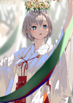 1girl arm_up blue_eyes commentary_request flower grey_hair hakama japanese_clothes jonsun kimono miko original red_hakama riku_(jonsun) short_hair signature solo white_kimono yellow_flower