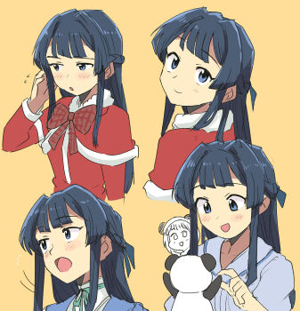 Rule 34 | 2girls, amami haruka, black hair, blue eyes, blush stickers, capelet, closed mouth, commentary request, highres, idolmaster, idolmaster (classic), idolmaster million live!, long hair, looking at viewer, mogami shizuka, multiple girls, multiple views, open mouth, red capelet, santa costume, simple background, smile, stuffed animal, stuffed panda, stuffed toy, tsubobot, yellow background