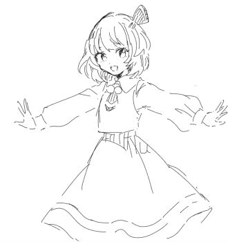 1girl collared_shirt commentary_request greyscale hair_ribbon long_sleeves medium_hair monochrome mozukuzu_(manukedori) necktie outstretched_arms ribbon rumia shirt sketch skirt solo spread_arms touhou vest