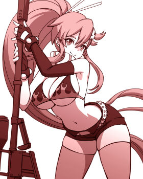 Rule 34 | 1girl, asymmetrical gloves, bikini, bikini top only, black gloves, black shorts, breasts, cleavage, closed mouth, fingerless gloves, flame print, gloves, gun, hair ornament, high ponytail, highres, holding, holding gun, holding weapon, large breasts, leaning forward, long hair, looking at viewer, partially colored, ponytail, rifle, scarf, short shorts, shorts, simple background, sketch, skull hair ornament, smile, sniper rifle, solo, swimsuit, tengen toppa gurren lagann, thighhighs, thighs, uneven gloves, very long hair, weapon, yoko littner, zuchysdraws