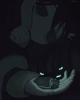 1girl absurdres artist_name black_hair blue_eyes comforter dark fish food food-themed_hair_ornament food_on_head futon glowing glowing_fish hair_ornament highres holding indoors kurohanenone mushroom mushroom_hair_ornament mushroom_on_head object_on_head pajamas shimeji_simulation sleeping sleepy tsukishima_shijima