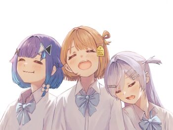 3girls alternate_costume blouse blue_bow blue_bowtie blush bone_hair_ornament bow bowtie brown_hair choker closed_eyes collared_shirt gradient_hair hair_flaps hair_intakes hair_ornament hair_rings highres leaning_on_person long_hair loose_bowtie medium_hair multicolored_hair multiple_girls one_side_up parted_bangs school_uniform sendo_yuuhi shirt simple_background single_hair_ring streaked_hair teeth tsubu_(kappunioyu562) tsumugi_kokage upper_teeth_only virtual_youtuber vspo! water_drop_hair_ornament wavy_mouth white_background white_shirt yano_kuromu