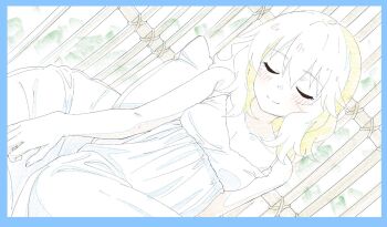 Rule 34 | 1girl, bare shoulders, blush, closed eyes, color trace, commentary request, dress, facing viewer, flat chest, highres, idolmaster, idolmaster cinderella girls, papiyon1297, pillow, sakurai momoka, sitting, smile, solo, sundress, white dress