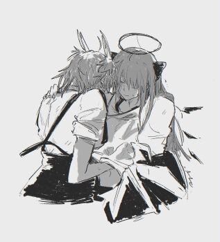 2girls animal_ears arknights bird_ears bird_girl clothes_down commentary cropped_torso demon_horns detached_wings energy_wings fiammetta_(arknights) greyscale halo hand_on_another&#039;s_shoulder hand_under_clothes highres horns jacket looking_at_another monochrome mostima_(arknights) multiple_girls open_clothes open_jacket pointy_hair ronsudsud shirt simple_background sweatdrop symbol-only_commentary traditional_halo upper_body white_background wings yuri