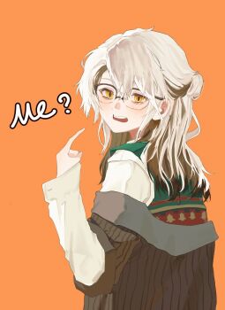 Rule 34 | 1other, androgynous, black-framed eyewear, black coat, brown hair, chinese commentary, coat, coat partially removed, collared coat, colored inner hair, commentary request, confused, dot nose, english text, eyelashes, from behind, glasses, green vest, hair between eyes, hair bun, highres, layered sleeves, light blush, long hair, long sleeves, looking at viewer, looking back, medicine pocket, medicine pocket (the cosmos photographer), mokara, multicolored hair, official alternate costume, open clothes, open coat, open mouth, orange background, other focus, pinstripe coat, pointing, pointing at self, pointing at viewer, red vest, reverse:1999, shirt, simple background, single side bun, sleeves past wrists, solo, streaked hair, sweater vest, teeth, two-tone hair, two-tone vest, upper body, upper teeth only, vest, wavy hair, white hair, white shirt, yellow eyes