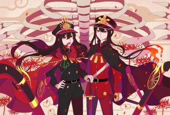 1boy 1girl :d absurdres black_cape black_hair black_hat black_jacket black_pants bone brother_and_sister cape chain chinese_commentary cloud_print commentary_request cowboy_shot crest falling_petals family_crest fang fate/grand_order fate_(series) fiery_hair floating_cape floating_hair flower frown gloves gold_chain gun hair_between_eyes hand_on_own_hip hat highres holding holding_sword holding_weapon jacket joyce katana kepi long_hair long_sleeves looking_at_viewer low_ponytail military_hat musket oda_nobukatsu_(fate) oda_nobunaga_(fate) oda_nobunaga_(koha-ace) oda_uri open_mouth pants patterned_background peaked_cap petals ponytail red_cape red_eyes red_flower red_jacket red_pants red_petals serious sheath sheathed siblings sidelocks skeleton smile spider_lily sword v-shaped_eyebrows very_long_hair weapon yellow_background