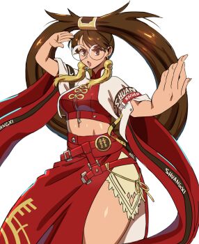 1girl belt breasts brown_eyes brown_hair chinese_clothes commentary crop_top dress earrings english_commentary english_text fighting_stance guilty_gear guilty_gear_strive hair_rings highres jewelry kitsune23star kuradoberi_jam long_hair midriff multiple_belts open_mouth red_dress round_eyewear side_slit simple_background single_hair_ring solo thick_thighs thighs white_background wide_sleeves