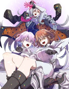3girls ahoge amunko armor armored_leotard ascot bare_shoulders black_gloves blush boobplate braid breastplate breasts carrying carrying_person cloak coat coat_on_shoulders colored_inner_hair commentary_request dress earrings fate/grand_order fate_(series) faulds fujimaru_ritsuka_(female) fujimaru_ritsuka_(female)_(decisive_battle_chaldea_uniform) fur-trimmed_cloak fur_trim gauntlets gloves hair_between_eyes hair_over_one_eye hair_ribbon highres jacket jewelry leotard long_hair long_sleeves looking_at_viewer mash_kyrielight mash_kyrielight_(paladin) multicolored_hair multiple_girls necktie olga_marie_animusphere open_mouth orange_eyes orange_hair orange_pantyhose pantyhose pink_hair princess_carry purple_eyes purple_hair red_ascot red_gloves red_necktie ribbon shirt short_hair side_braid smile u-olga_marie very_long_hair white_armor white_dress white_hair white_jacket white_shirt yellow_eyes