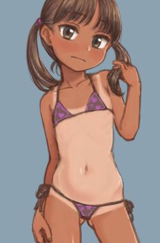 1girl bikini brown_hair embarrassed female_focus highres idol lingerie loli looking_at_viewer micro_bikini model omodaka_(nitera1041) one-piece_tan original side-tie_bikini_bottom simple_background solo standing swimsuit tagme tan tanline underwear