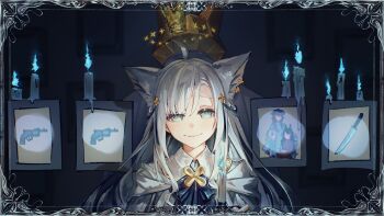 1girl absurdres animal_ears aqua_eyes blue_bow blue_bowtie blush border bow bowtie candle candle_wax cape closed_mouth commentary_request crown floating_crown fox_ears fox_girl head_tilt highres hololive hyde_(tabakko) long_hair looking_at_viewer ornate_border parted_bangs picture_frame shirakami_fubuki shirakami_fubuki_(saint) smile solo upper_body virtual_youtuber white_cape white_hair