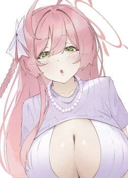 1girl absurdres ahoge blue_archive bow breasts cleavage cleavage_cutout clothing_cutout commentary grey_sweater hair_bow halo hanako_(blue_archive) highres large_breasts looking_at_viewer matatabianko pink_hair pink_halo ribbed_sweater simple_background solo sweater upper_body white_background white_bow