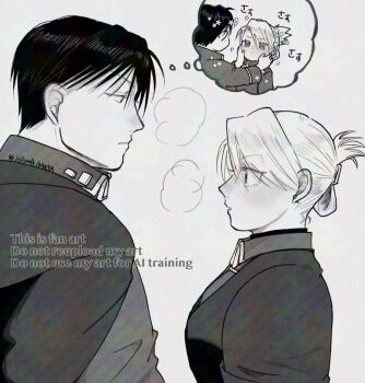 1boy 1girl black_hair black_jacket blonde_hair blush breasts commentary_request earrings fullmetal_alchemist greyscale hair_between_eyes hair_ornament hairclip hands_on_another's_cheeks hands_on_another's_face heavy_breathing jacket jellymlk jewelry looking_at_another medium_breasts medium_hair military_uniform monochrome parted_lips riza_hawkeye roy_mustang short_hair speech_bubble thought_bubble twitter_username updo upper_body
