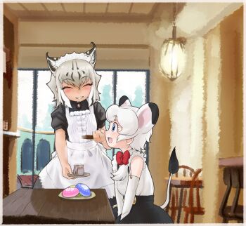 2girls absurdres alternate_costume animal_ears apron black_hair blue_hair blush bobcat_(kemono_friends) border bow bowtie brooch cat_ears closed_eyes cup day drink elbow_gloves extra_ears facing_another food gloves grey_hair hair_between_eyes highres holding holding_saucer indoors japari_bun jewelry jungle_taitei kemono_friends kemono_friends_3 leo_(jungle_taitei) leo_(kemono_friends) lion_ears lion_girl lion_tail medium_hair multicolored_hair multiple_girls open_mouth parted_lips plate raised_eyebrows red_bow red_bowtie saucer shirt short_hair short_sleeves sitting skirt sleeveless sleeveless_shirt slice_of_life smile steam table tail toriny two-tone_hair waitress white_apron wide-eyed