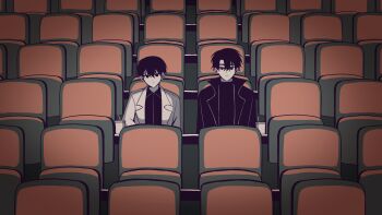 2boys black_coat black_eyes black_hair black_shirt coat collared_shirt cup hashtag-only_commentary highres kim_dokja len_i00 looking_at_viewer male_focus movie_theater multiple_boys omniscient_reader&#039;s_viewpoint open_clothes open_coat popped_collar shirt short_hair sitting upper_body white_coat yoo_joonghyuk