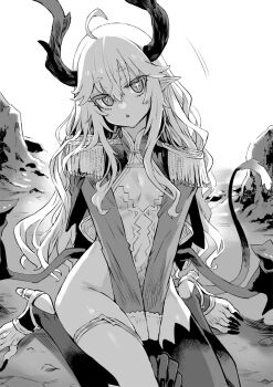 +_+ 1girl ahoge asanagi asymmetrical_legwear breasts bright_pupils claws cross-shaped_pupils dragon_girl dragon_horns dragon_tail dragon_wings epaulettes eye_(orc_eiyuu_monogatari) greyscale head_tilt highres horns leotard long_hair monochrome navel novel_illustration official_art orc_eiyuu_monogatari pointy_ears sitting small_breasts solo symbol-shaped_pupils tail thighs toeless_legwear wariza wings