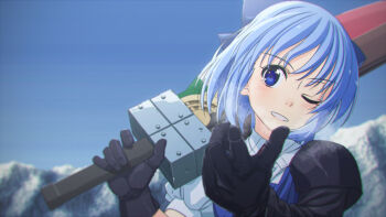 Rule 34 | 1girl, ;d, advent cirno, black gloves, blue dress, blue hair, blue sky, blush, boko (maniacpurple), cirno, dress, female focus, gloves, grin, hand gesture, holding, holding sword, holding weapon, looking at viewer, mountain, one eye closed, open mouth, outdoors, short hair, sideways glance, single glove, sky, smile, solo, sword, thumbs up, touhou, upper body, weapon