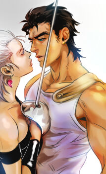 1boy 1girl anzumame black_hair earrings genderswap genderswap_(mtf) grey_hair jean_pierre_polnareff jewelry jojo_no_kimyou_na_bouken kuujou_joutarou no_headwear no_headwear rapier sword tank_top weapon