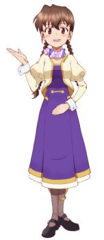 1girl blush braid breasts brown_eyes brown_hair brown_pantyhose full_body girls_und_panzer kayabakoro long_hair long_skirt looking_at_viewer open_mouth pantyhose rukuriri_(girls_und_panzer) simple_background skirt small_breasts smile solo sweat twin_braids twintails white_background