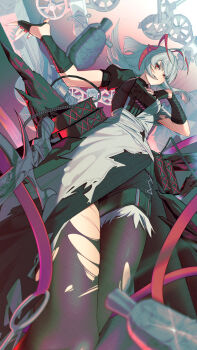 1girl absurdres arknights black_gloves black_pantyhose breasts commentary_request demon_horns evil_grin evil_smile fingerless_gloves from_below gloves grey_hair grin highres horns kimo_suna large_breasts long_hair looking_at_viewer pantyhose red_eyes red_horns smile solo torn_clothes torn_pantyhose w_(arknights) wis&#039;adel_(arknights)