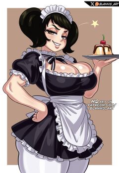 1girl absurdres black_hair blannis breasts cherry commentary food fruit hand_on_own_hip highres kawakami_sadayo looking_at_viewer maid persona persona_5 smile solo twintails