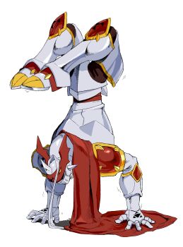 armor cape digimon digimon_(creature) dukemon full_body handstand helmet highres knight missyou67363 red_cape simple_background solo white_armor white_background white_helmet