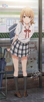 1girl arms_behind_back artist_request bag black_socks blonde_hair bra bra_visible_through_clothes breasts brown_shoes character_name closed_mouth collarbone collared_shirt copyright_name highres holding_own_arm isshiki_iroha kneehighs leaning_forward loafers looking_at_viewer medium_breasts medium_hair neck_ribbon official_art outdoors pink_bra plaid_clothes plaid_skirt pleated_skirt rain red_ribbon ribbon school_bag school_uniform see-through_clothes see-through_shirt shirt shoes short_sleeves signature skirt smile sobu_high_school_uniform socks solo summer_uniform umbrella underwear water_drop wet wet_clothes wet_shirt white_shirt wing_collar yahari_ore_no_seishun_lovecome_wa_machigatteiru. yellow_eyes