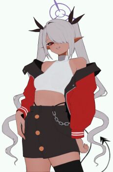 Rule 34 | 1girl, absurdres, alternate costume, anemoneeanemone, black ribbon, black thighhighs, blue archive, breasts, chain, cowboy shot, demon tail, grey hair, hair over one eye, hair ribbon, halo, highres, iori (blue archive), jacket, long hair, long sleeves, looking at viewer, off shoulder, one eye covered, open clothes, open jacket, panty straps, parted lips, pink lips, pointy ears, red eyes, ribbon, simple background, single thighhigh, skindentation, small breasts, smile, solo, tail, thighhighs, twintails, very long hair, white background