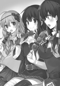 3girls :t asymmetrical_legwear bandaged_leg bandages belt blush bow braid breasts cloak cowboy_shot crown_braid dress eating elbow_gloves fingerless_gloves food food-themed_hair_ornament from_side fruit fruit_hair_ornament gloves grape_hair_ornament grapes greyscale hair_between_eyes hair_bow hair_ornament highres holding holding_food hood hood_down hooded_cloak iris_(konosuba) kono_subarashii_sekai_ni_shukufuku_wo! large_breasts long_dress long_hair long_sleeves low_twintails megumin mishima_kurone monochrome multiple_girls necktie non-web_source novel_illustration off-shoulder_dress off_shoulder official_art open_mouth profile ribbon short_dress short_hair_with_long_locks simple_background single_thighhigh sitting small_breasts smile thighhighs twintails v-shaped_eyebrows yunyun_(konosuba)