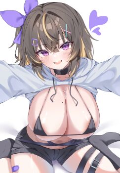 1girl absurdres artist_request bikini bikini_top_only black_choker black_socks blue_eyes blush bow breasts brown_hair character_request choker copyright_request heart highres huge_breasts looking_at_viewer purple_bow short_hair socks swimsuit thigh_strap triangle_bikini_top