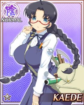 1girl :o ahoge art_supplies bag belt black_hair blue_dress blue_eyes border braid braided_twintails breasts card_(medium) cleavage dress english_text game_cg kaede_(senran_kagura) large_breasts long_hair long_sleeves looking_at_viewer low_twintails non-web_source official_alternate_costume official_art paper pen red-framed_eyewear senran_kagura senran_kagura_new_wave shirt shoulder_bag socks solo twintails white_shirt white_socks