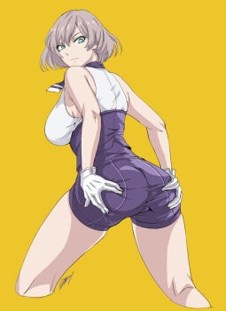 albyee bob_cut breasts brown_hair corset gloves grabbing_own_ass gridman_universe large_breasts looking_at_viewer mujina necktie purple_corset purple_necktie purple_shorts short_hair short_necktie shorts simple_background sleeveless ssss.dynazenon thighs underbust white_gloves yellow_background