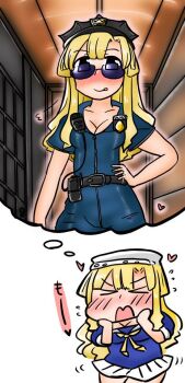 1girl blonde_hair blue_shirt blue_skirt blue_sky breasts chibi cleavage cloud cyama_land double_bun fletcher_(kancolle) folded_har hair_bun hands_on_own_face imagining kantai_collection large_breasts long_hair neckerchief police police_uniform policewoman shirt skirt sky solo walkie-talkie wavy_mouth white_shirt yellow_neckerchief