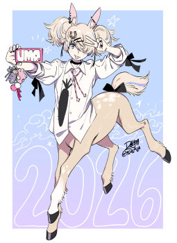 1girl 2026 :p animal_ear_piercing animal_ears barbell_piercing black_choker black_nails blonde_hair blue_eyes cellphone centaur chinese_zodiac choker commentary ear_piercing full_body hair_ornament hair_over_one_eye hairclip highres holding holding_phone hooves horse_ears horseshoe_hat_ornament horseshoe_ornament industrial_piercing long_sleeves looking_at_viewer monster_girl nail_polish original phone piercing rem_(tsulala) shirt simple_background smartphone smile solo symbol-only_commentary taur tongue tongue_out twintails v v_over_eye white_shirt wing_collar year_of_the_horse