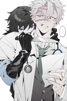2boys alternate_costume alternate_universe black_eyes black_gloves black_hair blue_eyes buttons doctor gloves green_necktie hand_on_another's_neck hashtag-only_commentary highres holding holding_knife holding_paper kimetsu_no_yaiba kitchen_knife knife lab_coat leather leather_gloves looking_at_another male_focus multiple_boys multiple_scars necktie odelle568197 paper reflection scar scar_on_face scar_on_hand shinazugawa_sanemi short_hair simple_background stethoscope stethoscope_around_neck tomioka_giyuu upper_body vest waistcoat white_background white_hair