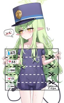 &gt;_&lt; 1girl absurdres alternate_costume averting_eyes bare_shoulders black_tail blue_archive blue_hat blue_shirt blush closed_mouth collarbone cowboy_shot cut-here_line demon_girl demon_tail dotted_line embarrassed flat_chest flying_sweatdrops green_hair hair_between_eyes half-closed_eyes hands_up hat highres hikari_(blue_archive) kabedoru light_frown loli long_hair long_pointy_ears long_tail looking_at_viewer looking_to_the_side off-shoulder_shirt off_shoulder peaked_cap pointy_ears see-through_clothes shako_cap shirt sidelocks simple_background solo spoken_emoji spoken_expression standing sweat tail thighs twitter_cutting_game twitter_strip_game very_long_hair white_background