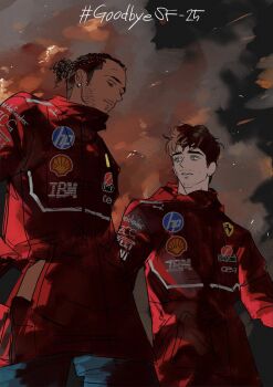 Rule 34 | 2boys, blue eyes, brown hair, byqkylrnllljmoy, charles leclerc, closed eyes, closed mouth, curly hair, dark-skinned male, dark skin, earrings, formula one, hashtag, hewlett-packard, highres, ibm, jewelry, lewis hamilton, long sleeves, looking to the side, male focus, multiple boys, parted lips, piercing, racing suit, real life, red racing suit, sideburns, sideways glance, smoke