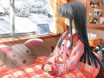 1girl alarm_clock animal_print bed bedroom black_hair blanket blonde_hair brown_hair calendar calendar_(object) carrot carrot_print clock closed_mouth corkboard curtains female_focus food_print game_cg house indoors izumo_kanata long_hair long_sleeves open_mouth pajamas photo_(object) pillow purple_eyes rabbit rabbit_print scenery sitting snow snow_(game) solo stuffed_toy sunrays tachibana_meiko tissue tissue_box tongue tongue_out v whiskers window winter yukizuki_sumino