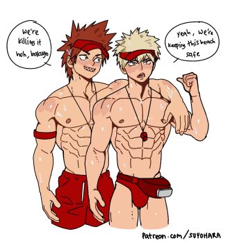 Rule 34 | 2boys, abs, arm around shoulder, armband, bakugou katsuki, blonde hair, boku no hero academia, bulge, hat, highres, kirishima eijirou, lifeguard, looking at another, male focus, multiple boys, muscular, muscular male, navel, nipples, pectorals, red eyes, red hair, sharp teeth, short hair, shorts, spiked hair, standing, suyohara, sweat, teeth, topless male, whistle, whistle around neck, white background
