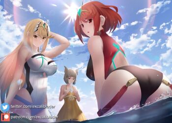 3girls animal_ears ass bare_shoulders black_one-piece_swimsuit blonde_hair blunt_bangs blush breast_envy breasts cat_ears chest_jewel cleavage competition_swimsuit dress dress_swimsuit earrings excaliblader facial_mark female_focus gem grey_hair headpiece jewelry large_breasts long_hair looking_at_viewer multiple_girls mythra_(radiant_beach)_(xenoblade) mythra_(xenoblade) nia_(fancy_sundress)_(xenoblade) nia_(xenoblade) one-piece_swimsuit open_mouth pyra_(pro_swimmer)_(xenoblade) pyra_(xenoblade) red_eyes red_hair red_one-piece_swimsuit short_hair smile strapless strapless_one-piece_swimsuit swept_bangs swimsuit tiara two-tone_swimsuit very_long_hair white_one-piece_swimsuit xenoblade_chronicles_(series) xenoblade_chronicles_2 yellow_dress yellow_eyes yellow_one-piece_swimsuit
