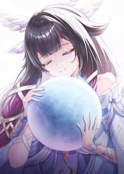 Rule 34 | 1girl, absurdres, black hair, blunt bangs, chinese commentary, closed eyes, closed mouth, collarbone, columbina (genshin impact), commentary, dress, english commentary, eye mask, feathered wings, genshin impact, gradient hair, hair ornament, hair ribbon, head wings, highres, holding orb, ichizon, korean commentary, long hair, mask, mixed-language commentary, moon, multicolored hair, multilingual commentary, multiple wings, pink hair, purple hair, ribbon, sidelocks, simple background, smile, solo, streaked hair, upper body, very long hair, white background, white dress, white ribbon, wing hair ornament, wings, wrist ribbon