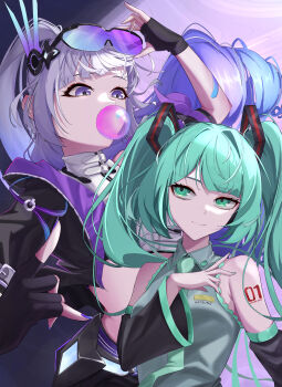 2girls absurdres aqua_hair aqua_nails aqua_necktie armpit_crease black_gloves black_sleeves blowing_bubble_gum blush breasts chewing_gum closed_mouth commentary_request crossover eyewear_on_head fingerless_gloves gloves grey_eyes grey_hair grey_shirt hair_between_eyes hatsune_miku headset highres honkai:_star_rail honkai_(series) hoyohoyo_ni_shite_ageru instrument jacket long_hair long_sleeves looking_at_another multiple_girls necktie purple-tinted_eyewear purple_nails shirt signature silver_wolf_(honkai:_star_rail) silver_wolf_(lv.999)_(honkai:_star_rail) single_fingerless_glove single_mechanical_glove sleeveless sleeveless_shirt smile tinted_eyewear twintails upper_body vocaloid yowamushi_des